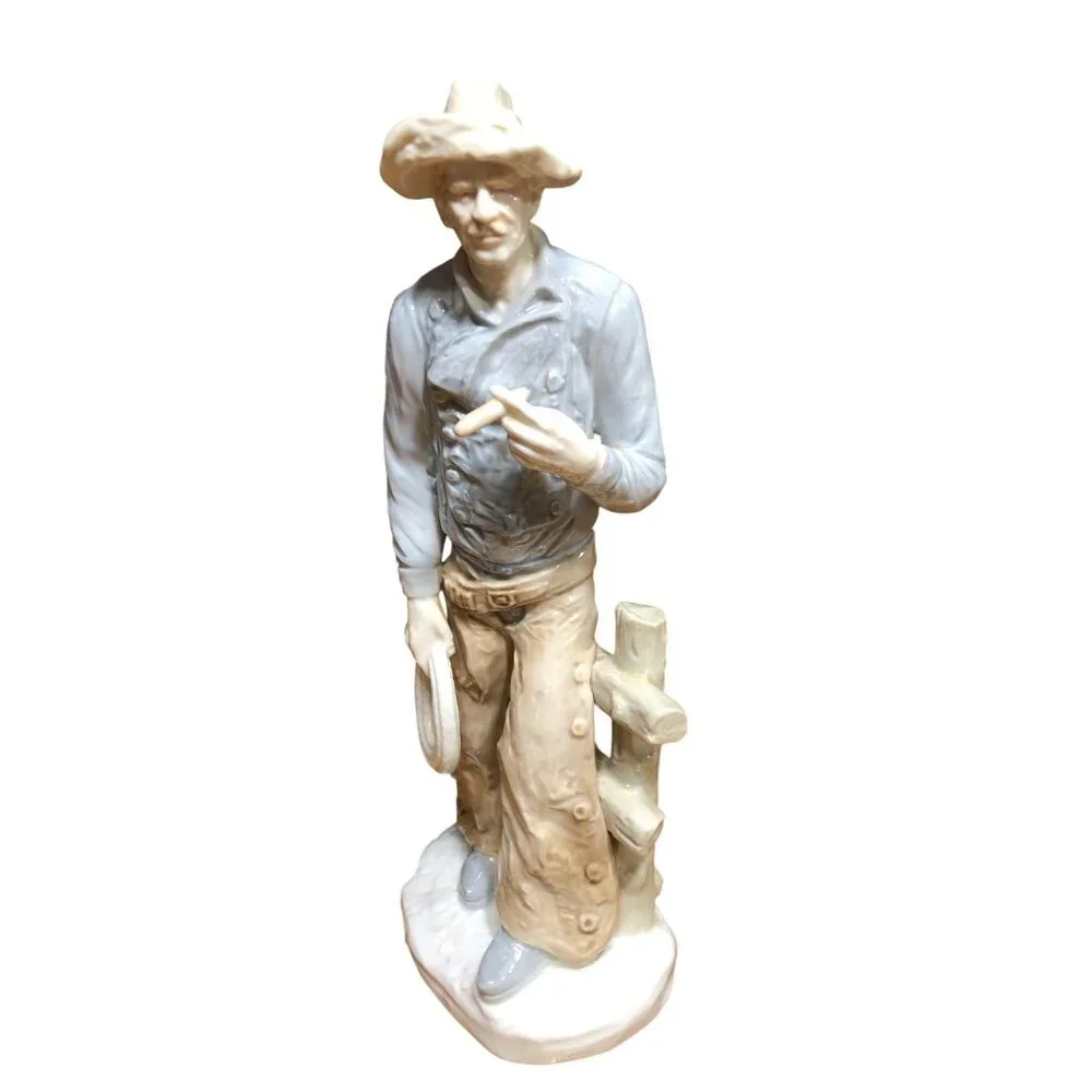 Porcelain Figurine Cowboy Sculpture Hat Cigar Rope Japan Western Rodeo Blue
